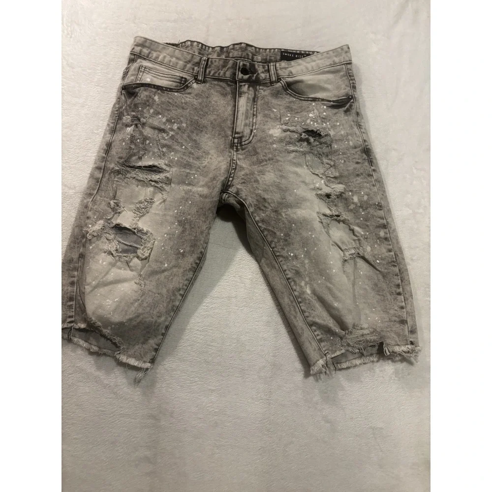 Smoke‎ Rise Jean Shorts Men's 34 Light Wash Moto Denim Shorts Cut Offs Gray